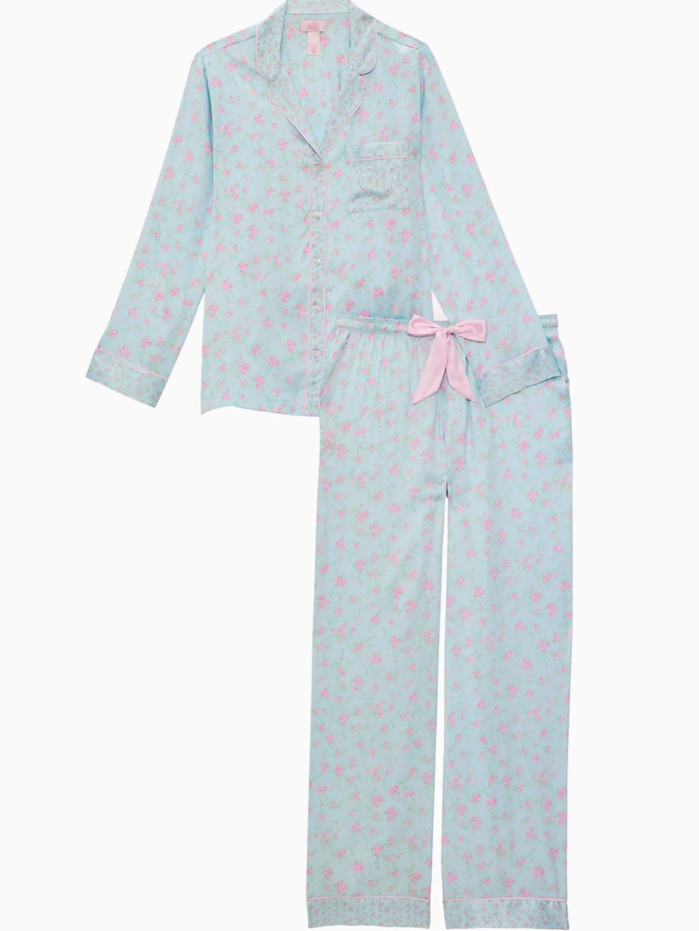 LoveShackFancy x VS pink Pale Blue Floral Two-Piece Pajama Set with Pink Bow